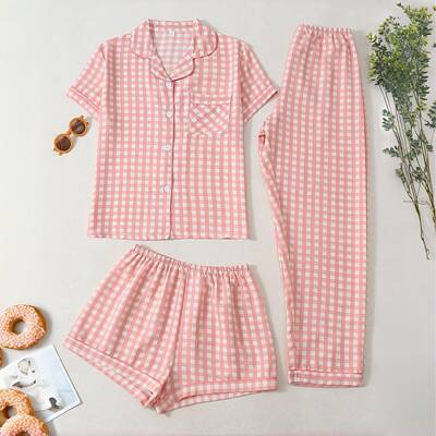 Women 3 Bubble Pleated Pajama Set Pyjamas Cherry Print