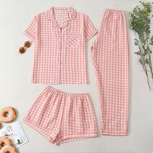 Women 3 Bubble Pleated Pajama Set Pyjamas Cherry Print