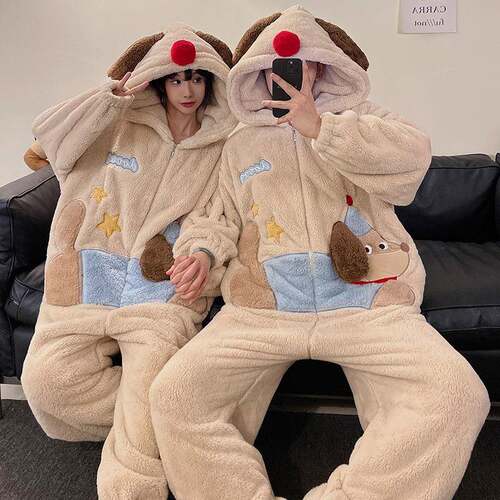 Matching Couple Coral Fleece Sleeve Pajama Onesies Autumn