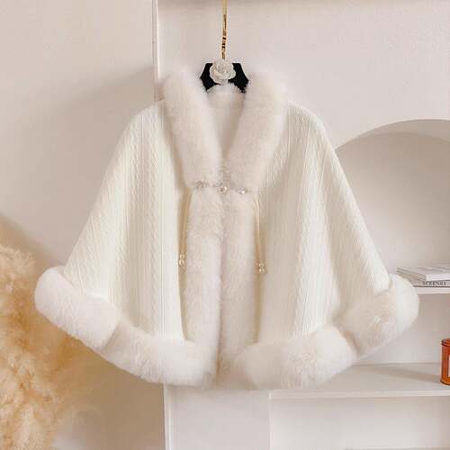 Women Pearl Decorated Belted Coat Faux Fur Hem Casual