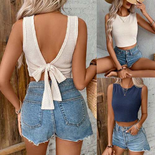 Women's Plain Tie-Back Waffle Knit Fitted Tank Top