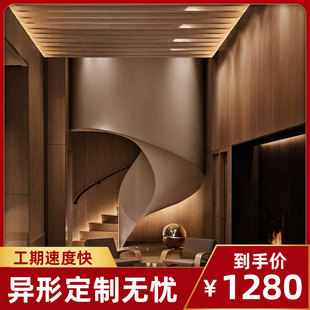 室内复式阁楼楼梯胡桃木别墅新中式木饰面楼梯大厅售楼处楼梯扶手