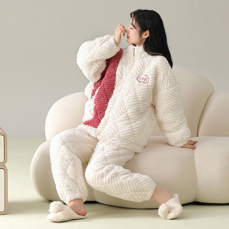 女款夹棉双长两件套睡衣冬季立领拉链加厚保暖可外穿家居服带口袋