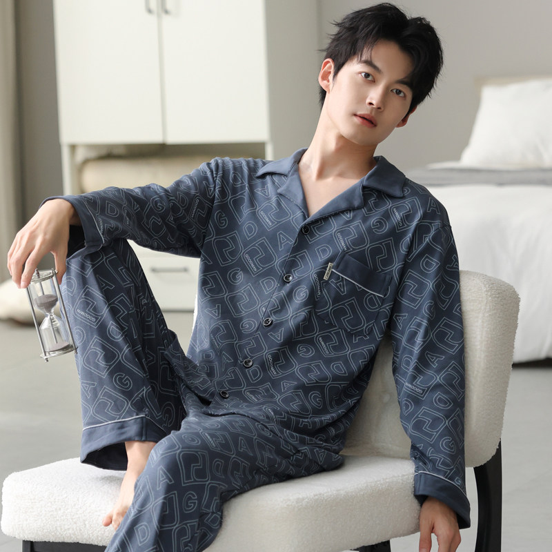 纯棉舒适睡衣男长袖全棉春秋季大码青少年男款四季通用家居服套装