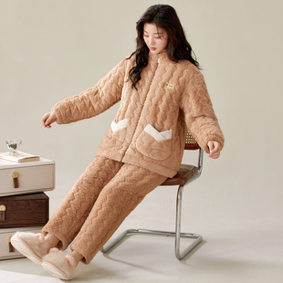 冬季貂毛花绒三层夹棉加厚保暖高领拉链珊瑚绒夹棉袍套睡衣可外穿