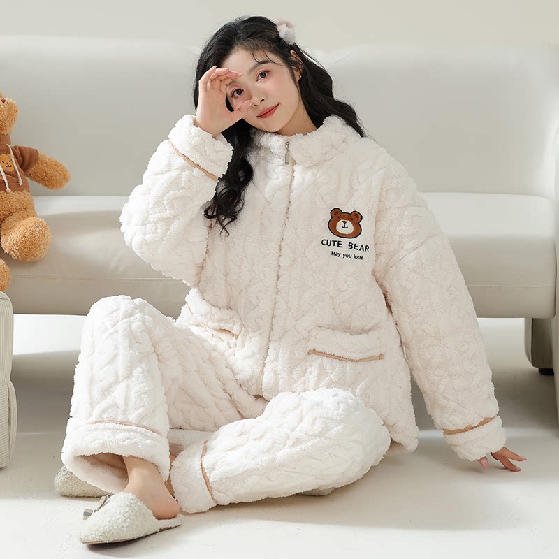 女款夹棉双长两件套睡衣冬季立领拉链加厚保暖可外穿家居服带口袋
