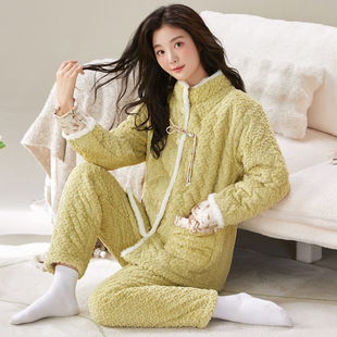 冬季貂毛花绒三层夹棉加厚保暖高领包扣珊瑚绒夹棉袍套睡衣可外穿