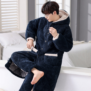 男士三层夹棉袍套冬季字母绣花连帽开衫加厚加大保暖两件套家居服