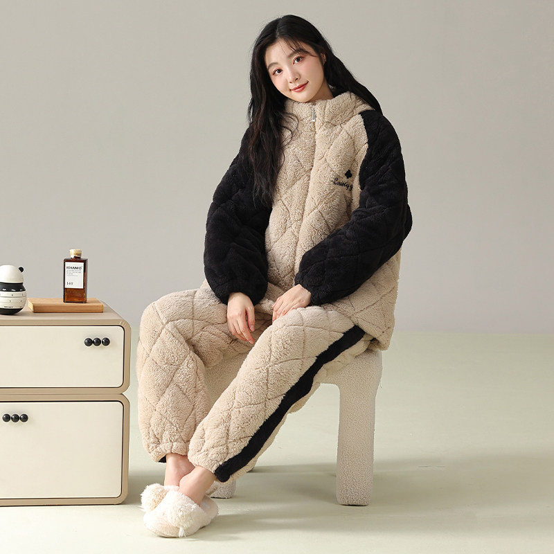 女款夹棉双长两件套睡衣冬季立领拉链加厚保暖可外穿家居服带口袋