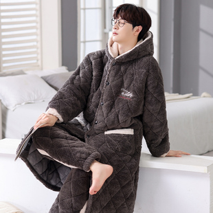 男士三层夹棉袍套冬季字母绣花连帽开衫加厚加大保暖两件套家居服