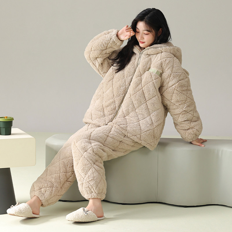 女款夹棉双长两件套睡衣冬季立领拉链加厚保暖可外穿家居服带口袋