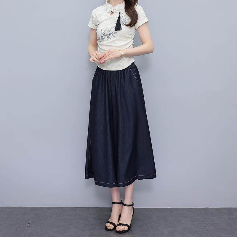 超火丹宁蓝冰丝软牛仔裙裤女夏薄款2025新款垂感复古七分阔腿裤子