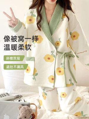 空气棉月子服秋冬款产后大码哺乳孕妇睡衣女怀孕期喂奶家居服套装