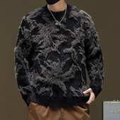 仿貂绒椰树纹理提花毛衣冬季 圆领不起球针织衫 青年潮流保暖外穿