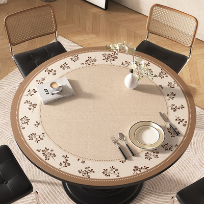 中古风圆桌桌布防水防油免洗防烫餐桌布皮革桌垫高级感圆形茶几垫