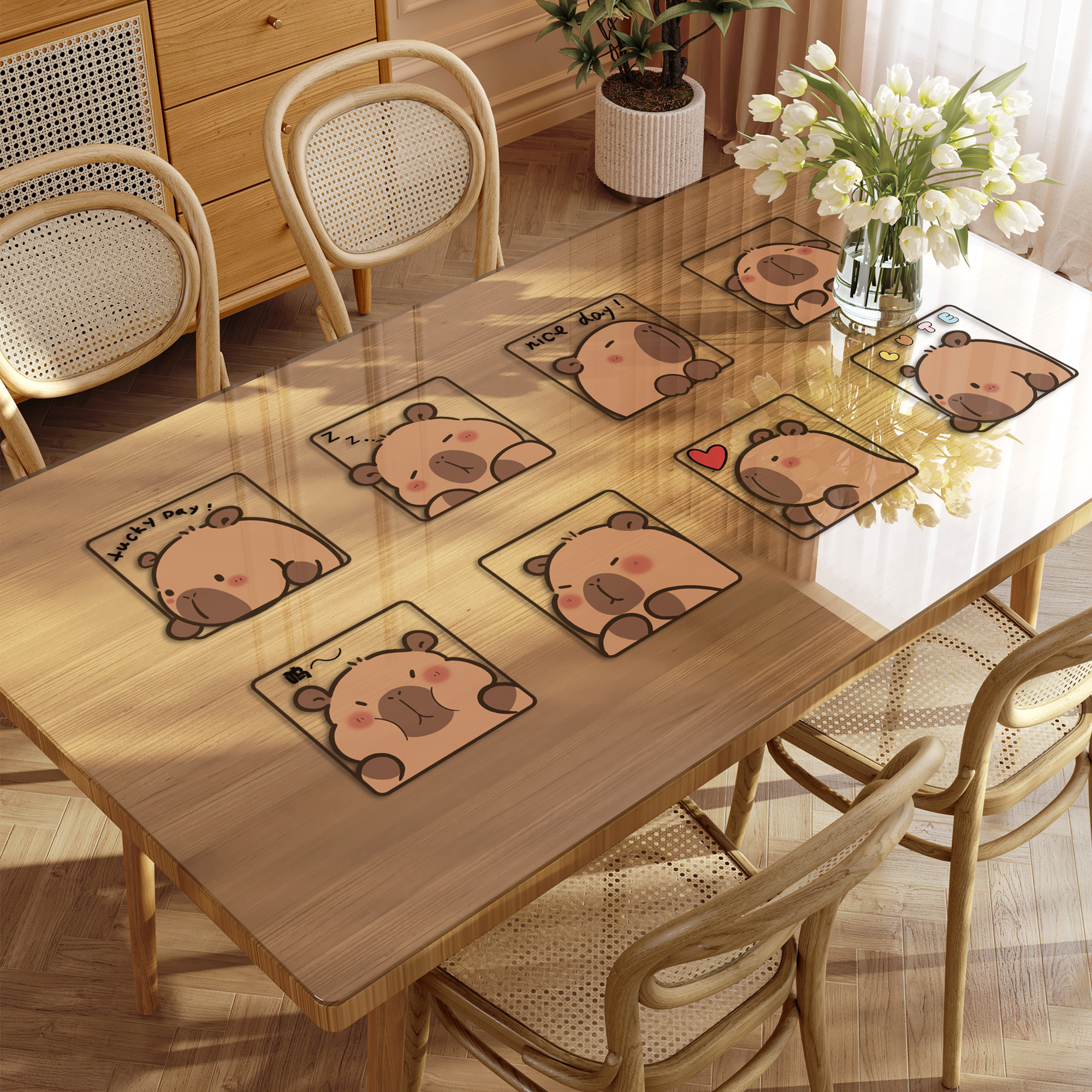 卡皮巴拉透明餐桌垫软玻璃桌布防水防油耐高温桌面保护垫免洗台布