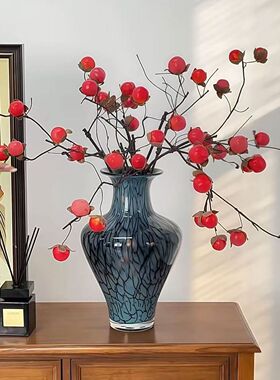 新中式复古大肚蓝炸纹琉璃花颜值客餐厅花插花级感装饰品