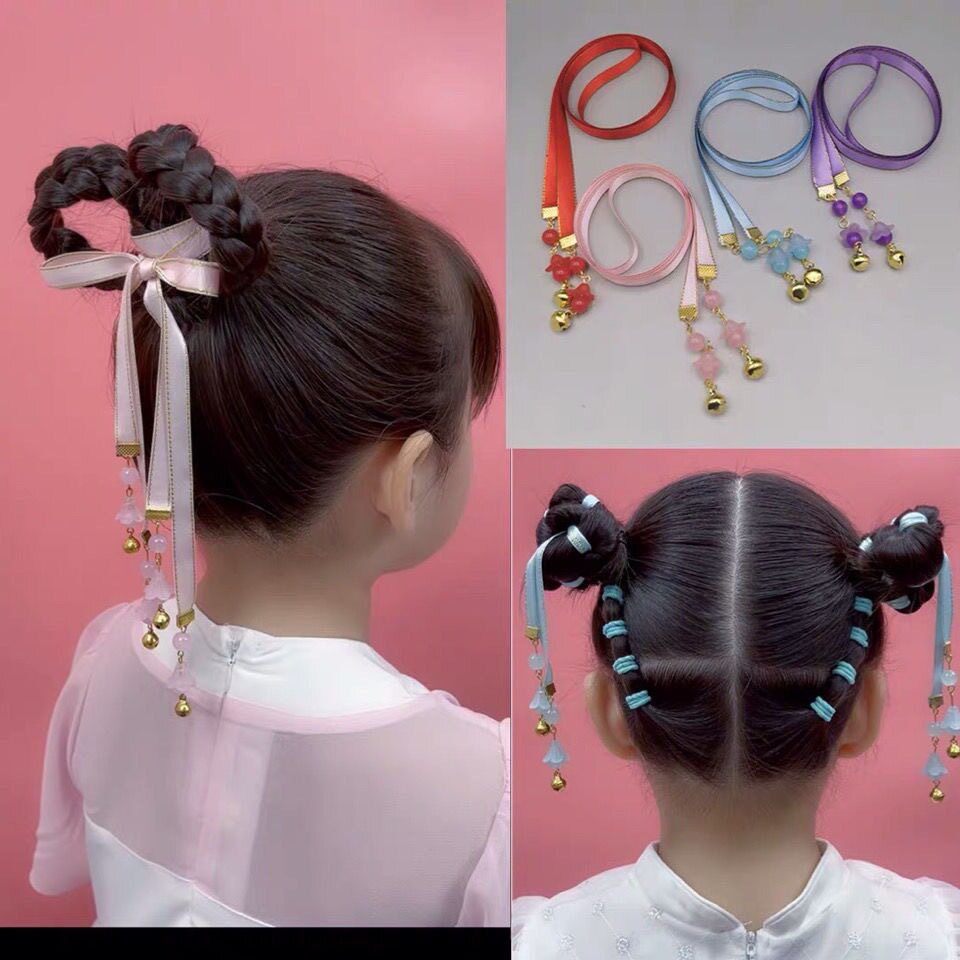 汉尘女童国风汉服铃铛发绳丸子头编发头绳发带女儿童古风头饰图片