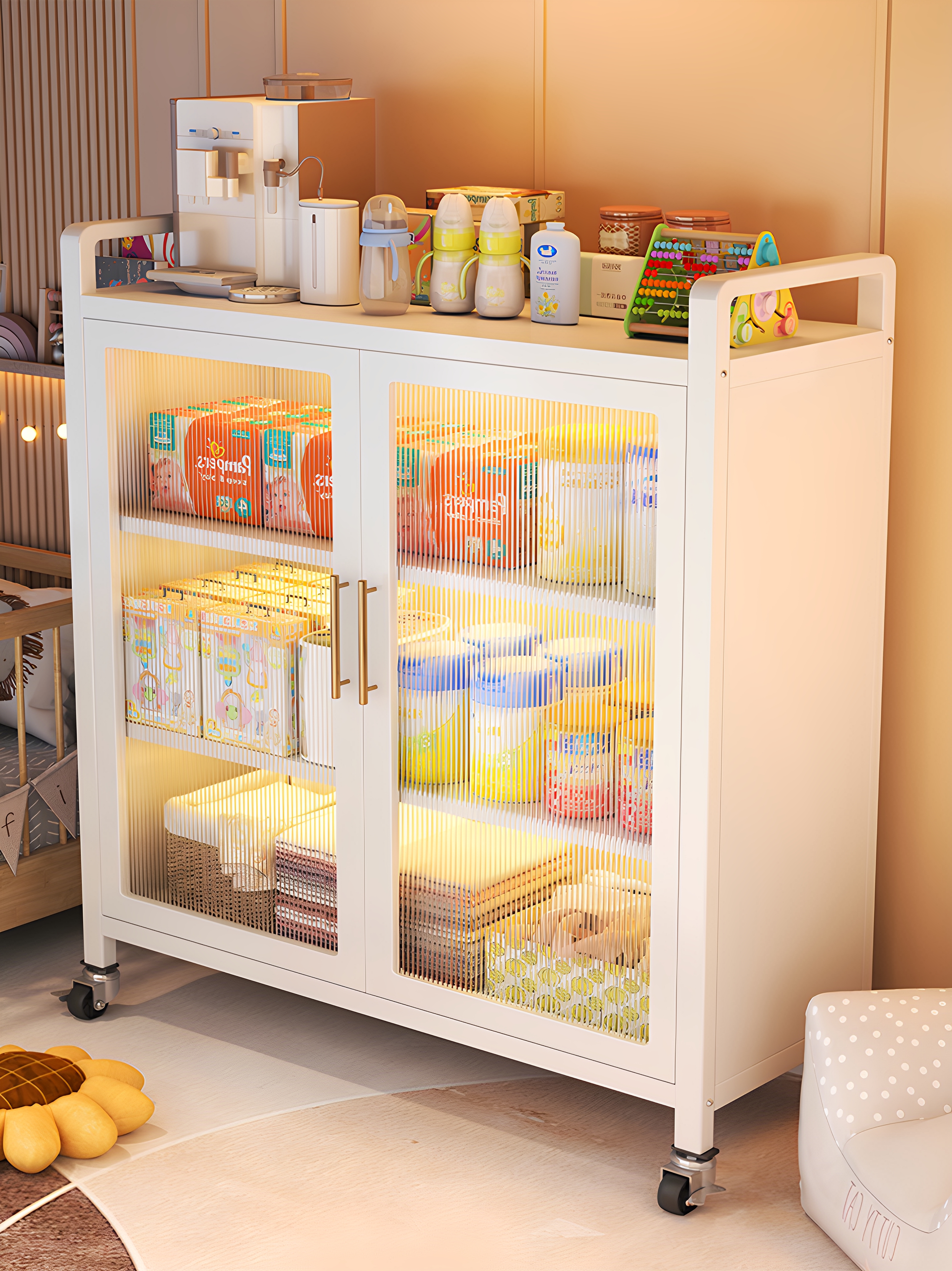 新款婴儿喂养台家用落地多层置物架收纳柜带轮多功能奶粉罐储物柜