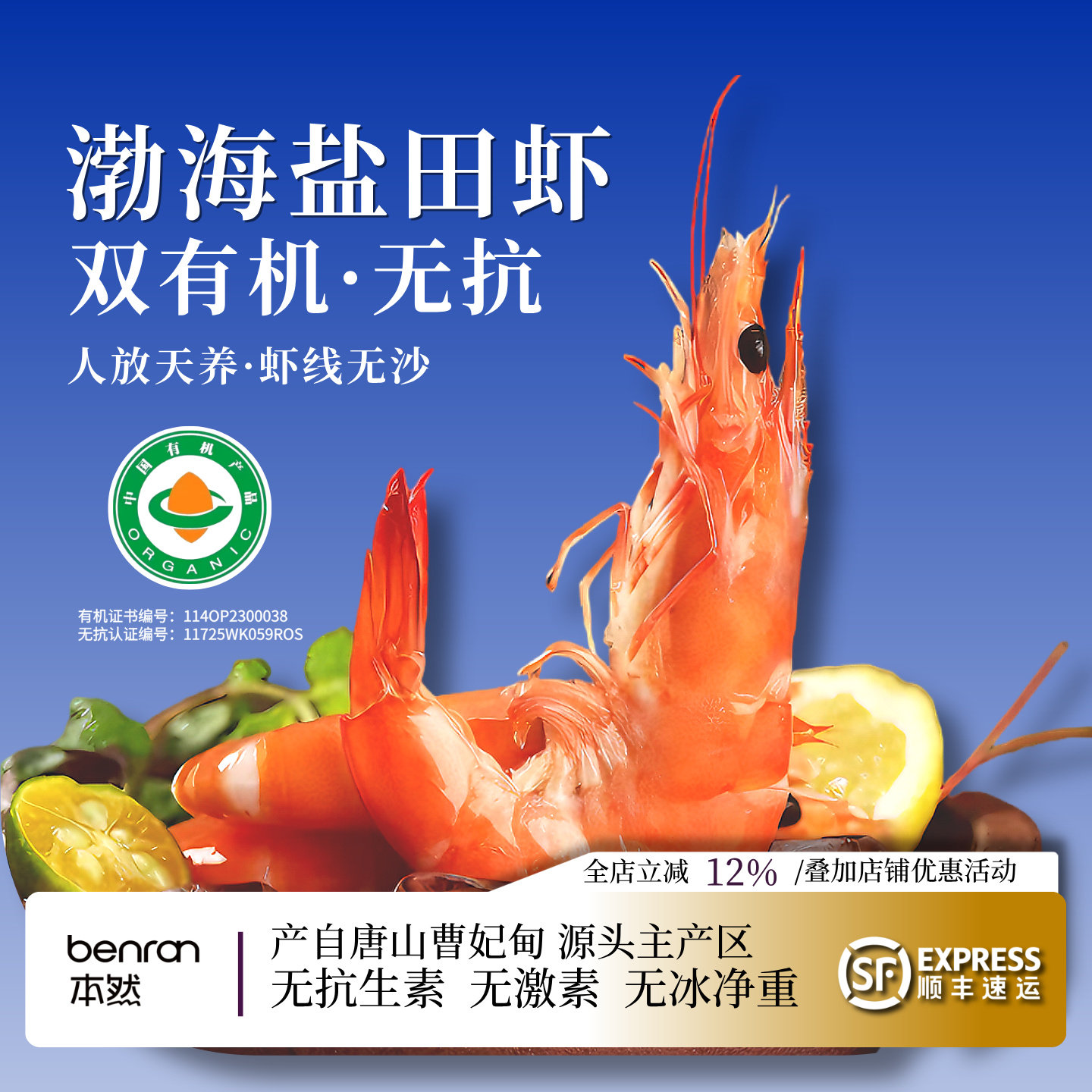 本然有机｜熟冻盐田虾渤海无抗对虾新鲜冷冻1.5kg加热即食海鲜虾