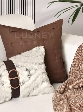 莱斯妮轻奢白色真狐狸毛抱枕样板间高级感现代极简客厅Z沙发靠枕