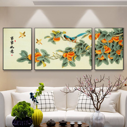 新中式装饰e画客厅餐厅沙发背景墙挂画柿子大气三联画事事如意壁