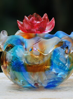 琉璃金鱼b聚宝盆摆件荷塘月色招财创意莲A花工艺品存钱罐家居装饰