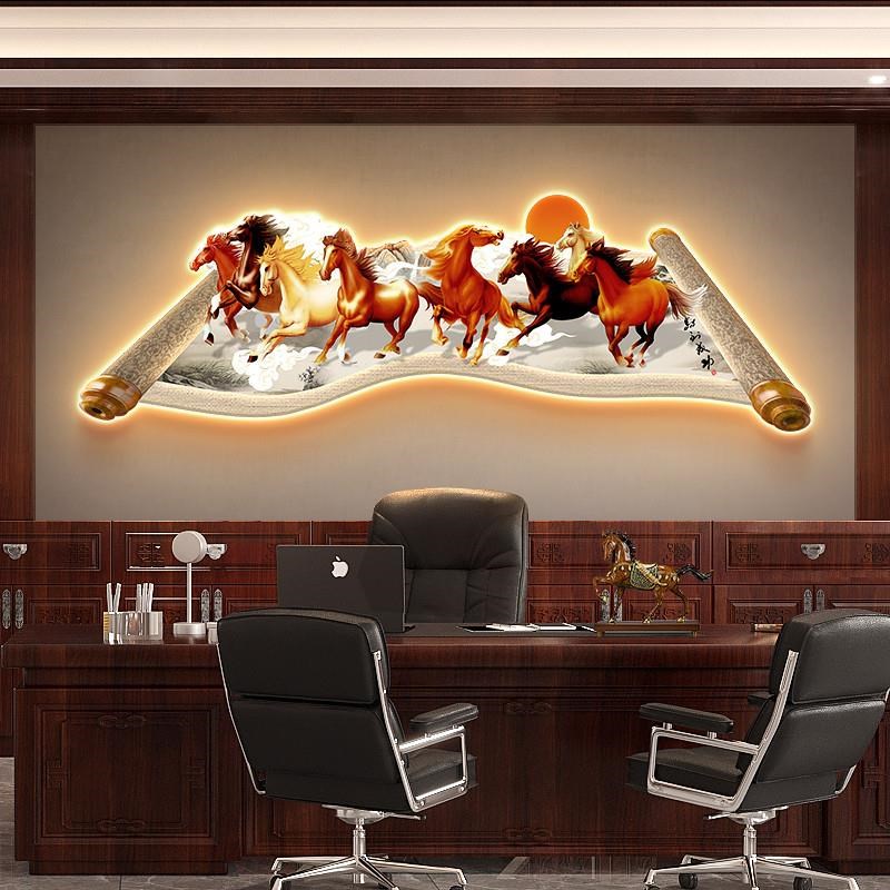 八骏全图a客厅装饰画卷轴沙发背景墙挂画马到成功办公室带灯光壁