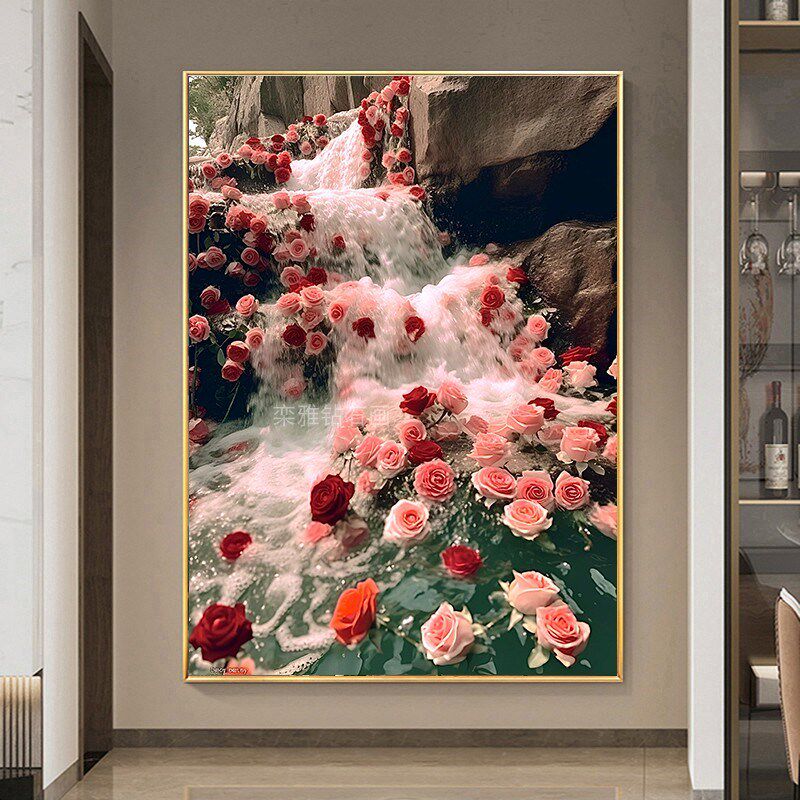 DIY方钻满钻钻石画钻石绣贴钻点D钻十字绣带钻岩石流水红粉玫瑰