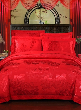 喜嫁大红色结婚床上用品四件套贡缎提E花婚庆床单被套2.2X2.4