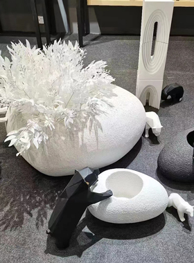 现代简约砂岩黑白椭n圆鹅卵石形落地大花器花盆造景摆件样板间装