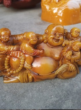 仿天然芙蓉石g老挝田黄石五子登科佛摆件小佛抱大佛抱佛石料摆设