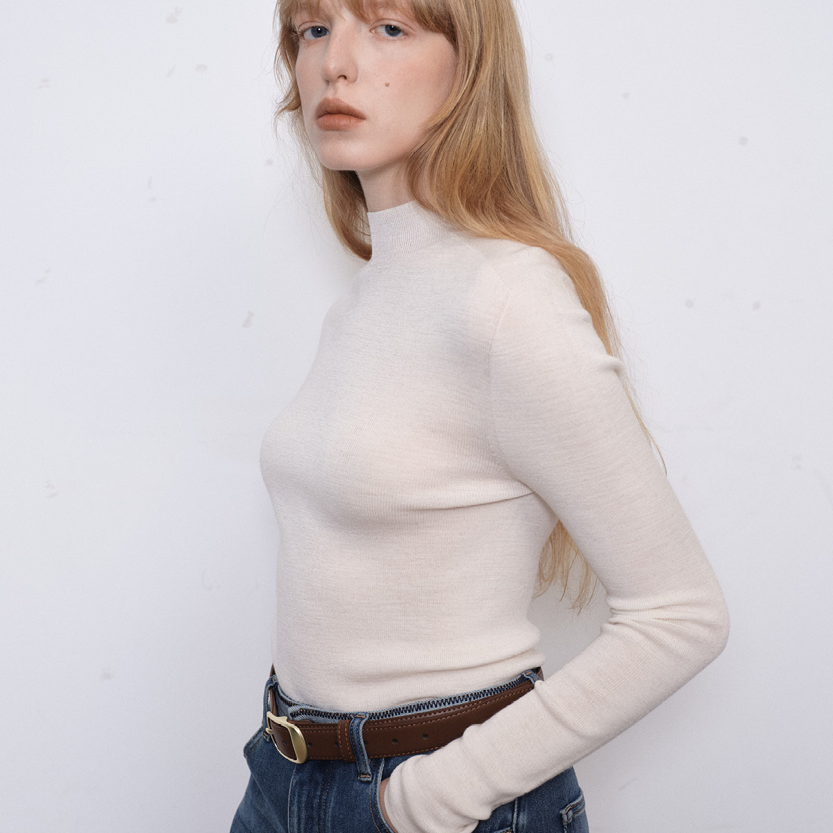 demi et demi Before Sunrise100%绵羊毛米白色半高领针织打底衫