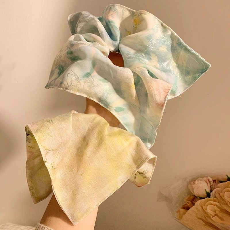 雨瓷痕~新中式蓝色天丝方巾大肠发圈女高级感头饰超大号方形发绳