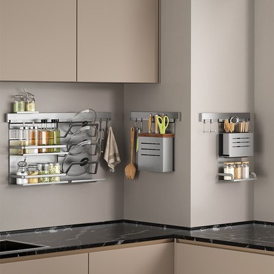 厨房置物架壁挂式刀架铝合金调味料架锅盖筷子架免打孔收纳架套装