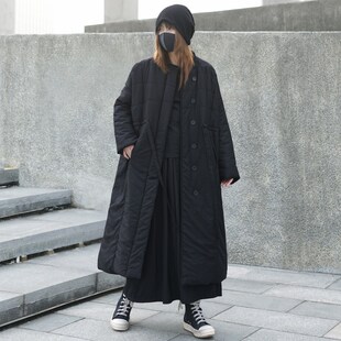 暗黑系酷飒山本风过膝长款棉服黑色复古夹棉外套冬季女装棉衣大衣