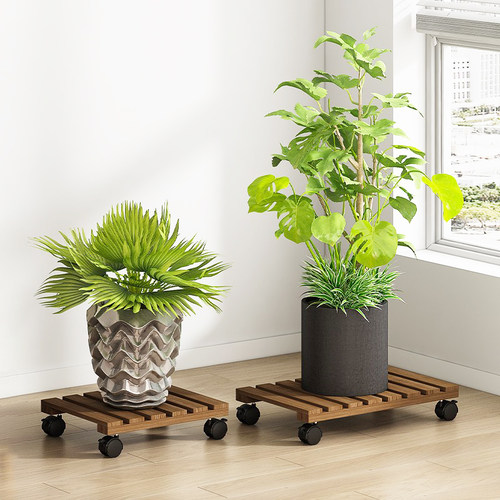 每个轮子都带刹车的实木大花盆托