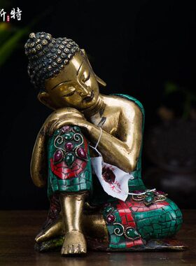 佛7寸自在 自在客厅摆件进口手工家居饰品镶嵌佛松石铜宝石尼泊尔