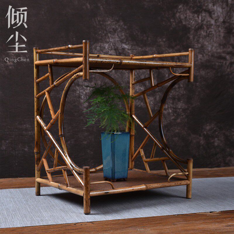 梅鹿竹文人茶棚手工竹花几多宝格博古架仿古收纳道具零配件杯花器