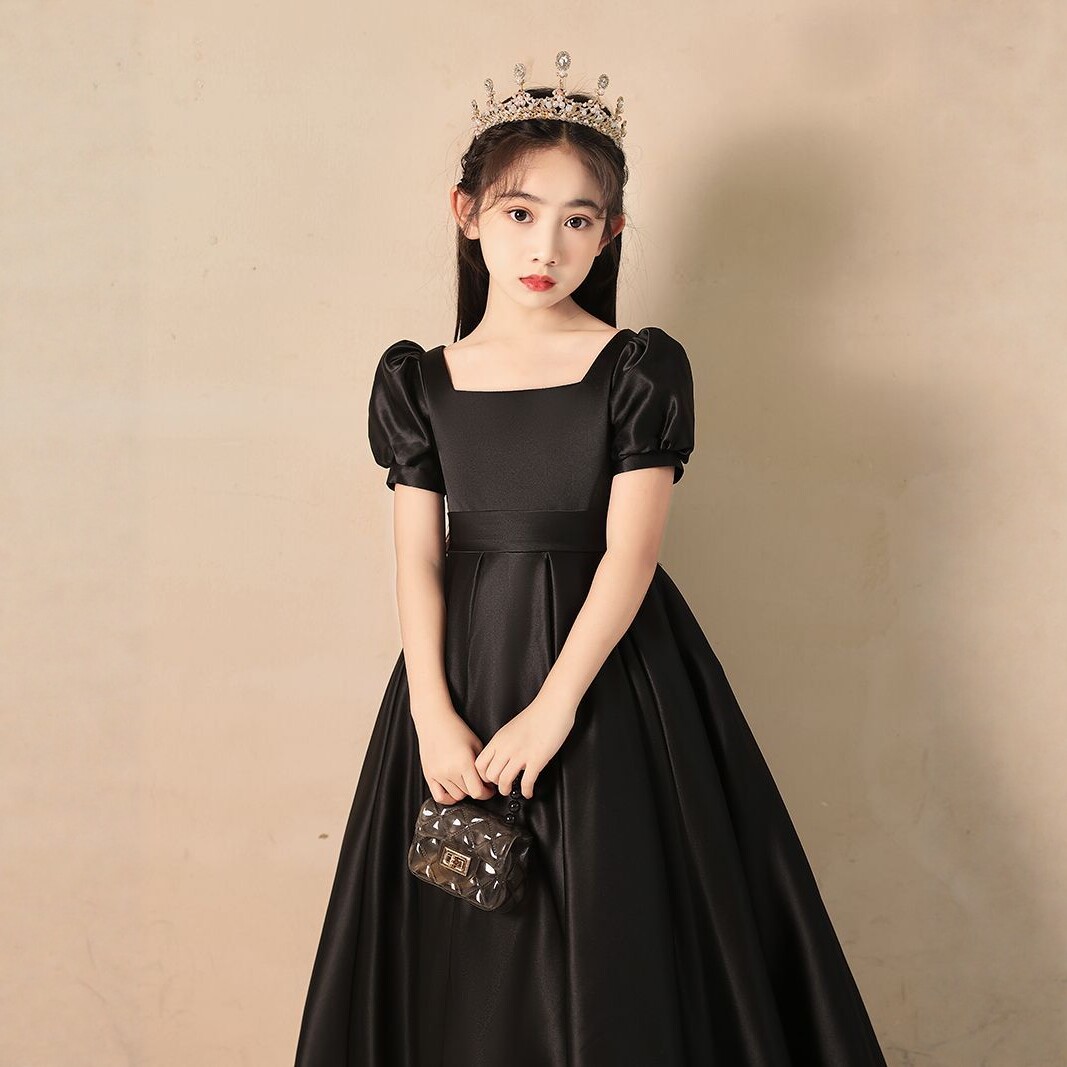 黑色女童晚礼服公主裙主持人礼服秋冬小提琴音乐团演出钢琴演奏服