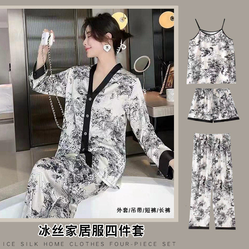夏季新款睡衣女四件套国潮风水墨画时尚复古奢华印花家居服套装