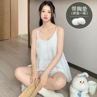 吊带夏季 睡衣带胸垫无钢圈薄款 纯欲风甜美白色小清新家居服套装