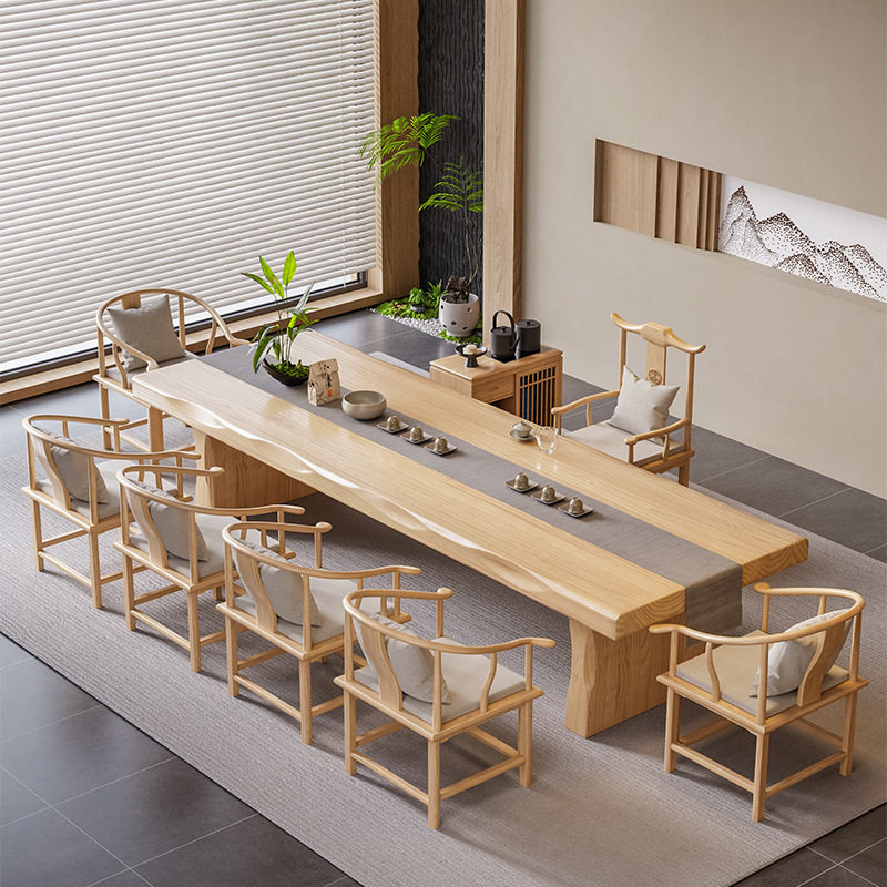 新中式茶几大板实木原木办公茶台一体家用茶桌椅组合大尺寸