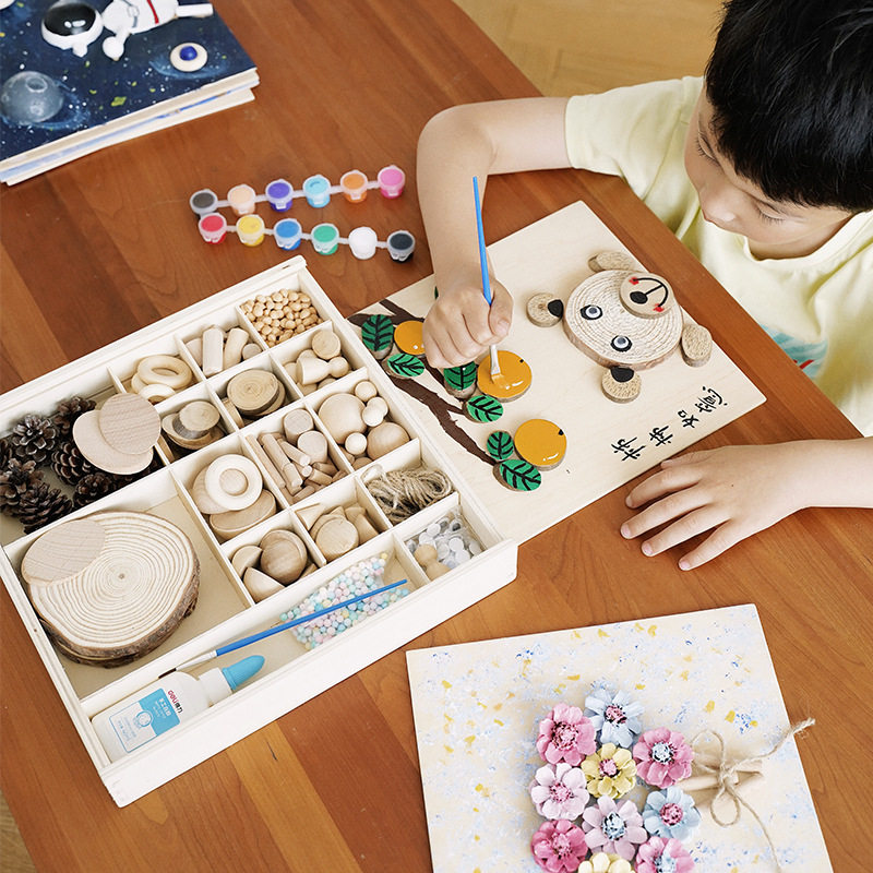 创意DIY原木画自然原木片树枝画手工制作材料包幼儿园区域材料包