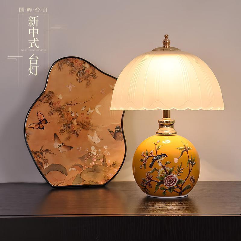 新中式复古花鸟台灯卧室床头灯高级感中古轻奢陶瓷温馨氛围台灯