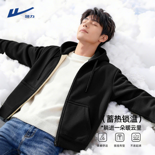 回力羊羔绒卫衣男冬季超厚实保暖连帽开衫黑色重磅加绒拉链外套Y