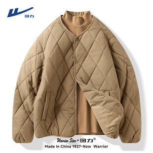 回力棉服外套男冬季卡其色菱形格叠穿过冬防寒保暖轻薄无领棉服Y