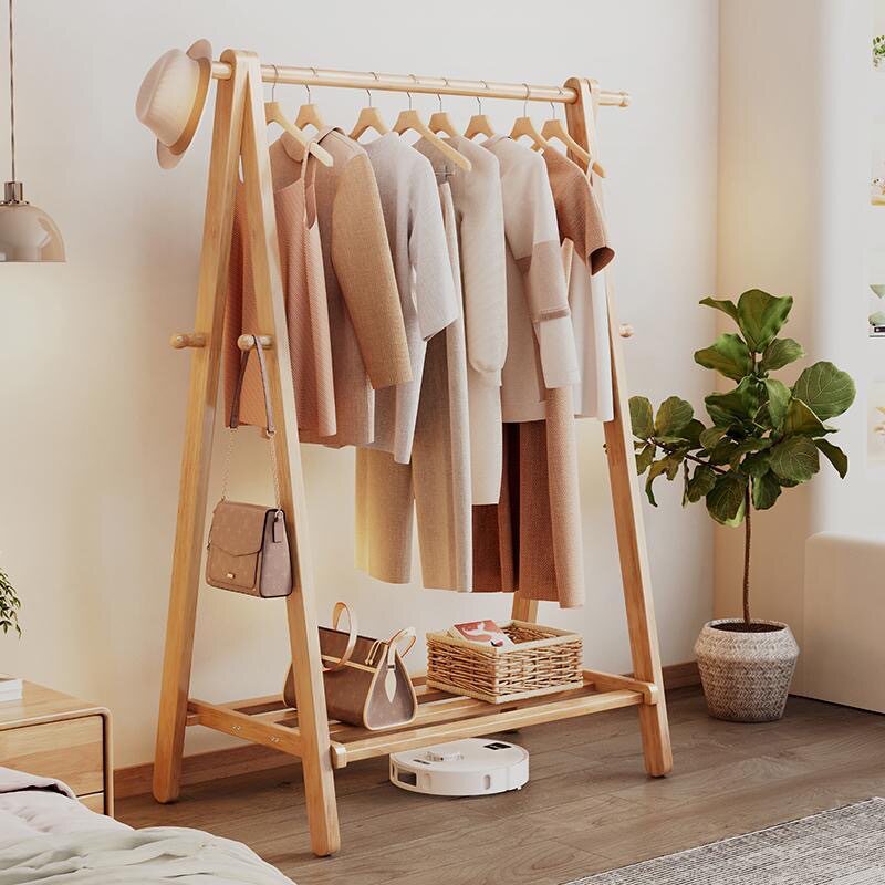 实木衣服架卧室家用衣帽架放裤床头衣帽衣架置物架收可折叠新中式