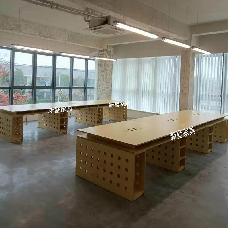 中古风实木大班台老板桌简约桦木设计师创意洞洞办公桌家用电脑桌