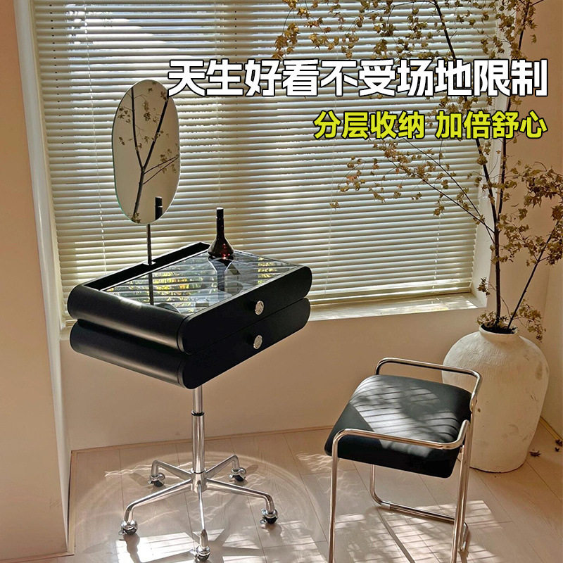 山形设计实木可升降梳妆台复古小户型移动桌子中古风化妆桌一体柜